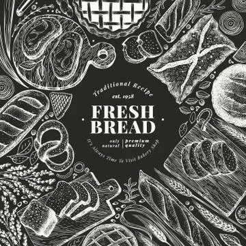 Bakery top view frame. Hand drawn vector illustration with bread and pastry on Stock Illustration