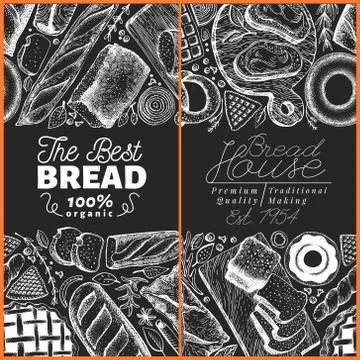 Bakery top view frame. Hand drawn vector illustration with bread and pastry on Stock Illustration