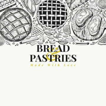 Bakery top view frame. Hand drawn vector illustration with bread and pastry Stock Illustration