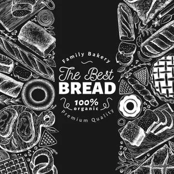 Bakery top view frame. Hand drawn vector illustration with bread and pastry on Stock Illustration
