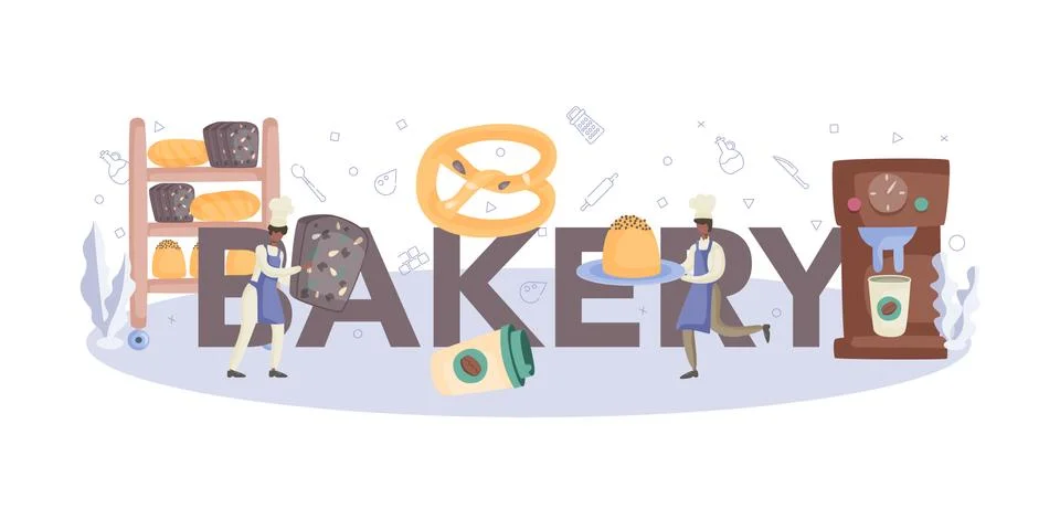 Bakery typographic header. Chef in the uniform baking bread 스톡 일러스트