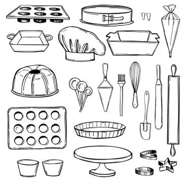 Bakery utensils. Baking kit. Kitchen tools. Vector sketch illustra Stock Illustration