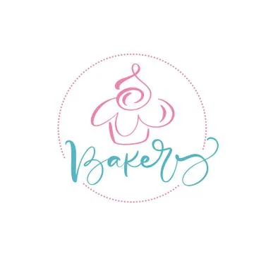 Bakery vector calligraphic text with logo. Sweet cupcake with cream, vintage 스톡 일러스트