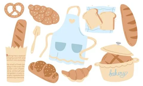 Bakery Vector Set with Fresh Bread, Kitchen Apron and Baking Tools Isolated Stock Illustration