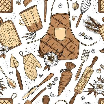Bakery vintage seamless pattern retro cooking food Stock Illustration