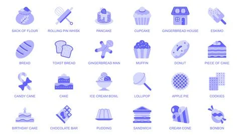 Bakery web icons set in duotone flat design. Pack pictograms with flour sack, Stock Illustration