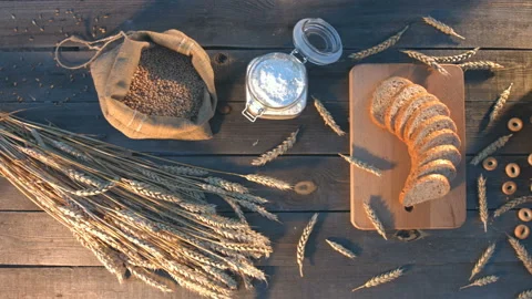 Bakery, wheat and flour on an old table. Video stock 89139375