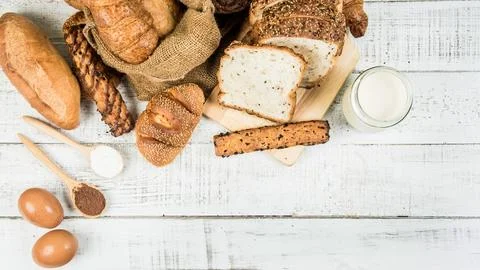 Bakery on wood white background different types of bread Stock Photos