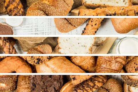 Bakery on wood white background different types of bread Stock Photos