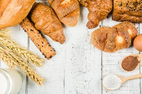 Bakery on wood white background different types of bread Stock Photos