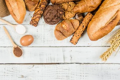 Bakery on wood white background different types of bread Stock Photos