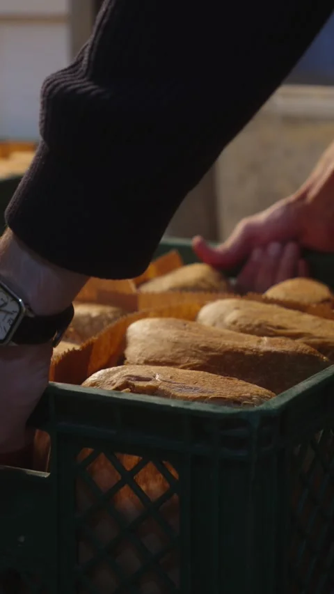 Bakery Worker Moving Bread Crate for Delivery Stock Footage 345593141