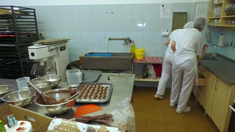 Bakery Workers Preparing Confectionery in Professional Kitchen Stock-Footage 345046426