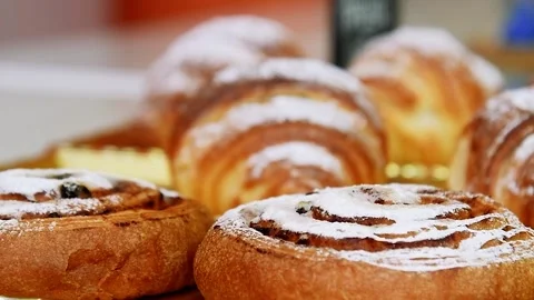 Bakery's assortment is displayed on the showcase 스톡 동영상 209146080