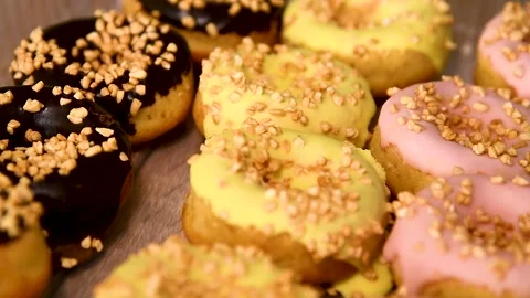 Bakery's assortment is displayed on the showcase Video stock 254338791