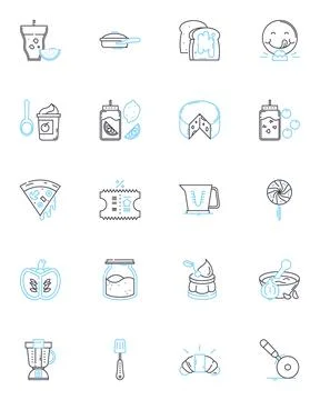 Bakeware linear icons set. Muffin, Cake, Bread, Pie, Pastry, Tart, Cupcake line Stock Illustration