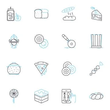 Bakeware linear icons set. Muffin, Cake, Bread, Pie, Pastry, Tart, Cupcake line Stock Illustration