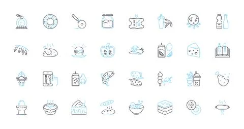 Bakeware linear icons set. Muffin, Cake, Bread, Pie, Pastry, Tart, Cupcake line Stock Illustration