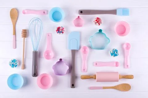 Baking and cooking concept. Pattern made of cookie cutters, whisk, roller pin 写真素材