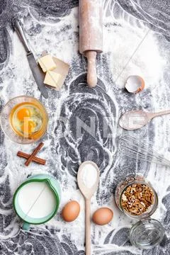 Baking and cooking concept, variety of ingredients and utensils Stock Photos