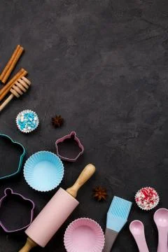 Baking and cooking utensils. Flat lay Top view, mockup for recipe Stock-Fotos