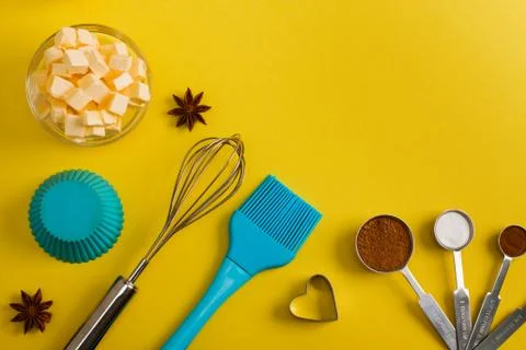 Baking background with butter spices kitchen tools Stock Photos