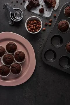 Baking background with chocolate muffins 스톡 사진