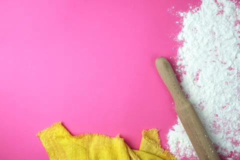 Baking background with copy space on a pink surface for your text. Stock Photos