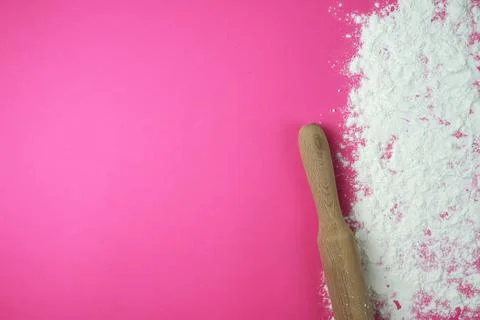 Baking background with copy space on a pink surface for your text. Stock Photos