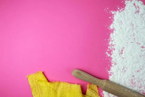 Baking background with copy space on a pink surface for your text. Stock Photos