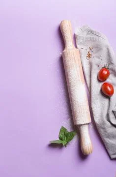 Baking background with copy space on purple surface for your text. Top view. 스톡 사진
