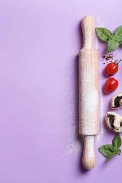Baking background with copy space on purple surface for your text. Top view,  写真素材