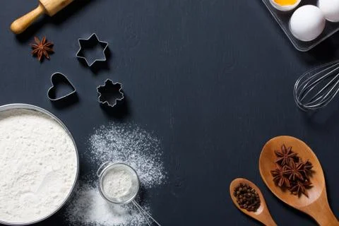 Baking background with eggs, floor and kitchen tools Stock Photos