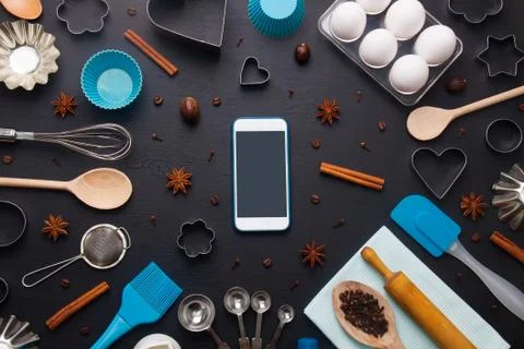 Baking background eggs kitchen tools mobile phone mockup Stock Photos