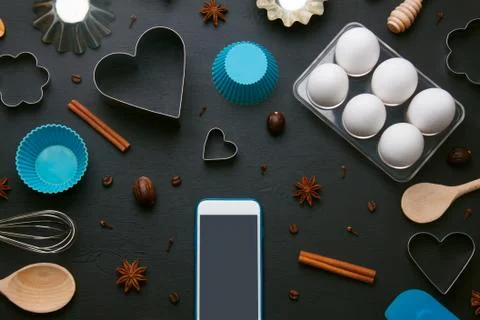 Baking background eggs kitchen tools mobile phone mockup Stock Photos