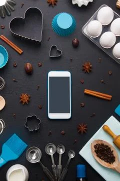 Baking background eggs kitchen tools mobile phone mockup Stock Photos