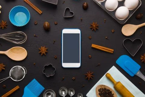Baking background eggs kitchen tools mobile phone mockup Stock Photos
