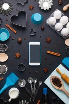 Baking background eggs kitchen tools mobile phone mockup Stock Photos