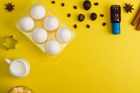 Baking background eggs milk spices kitchen tools Stock Photos