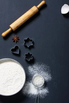 Baking background with floor and kitchen tools Stock Photos