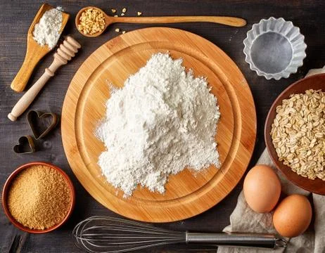 Baking background with flour, eggs and tools Stock Photos