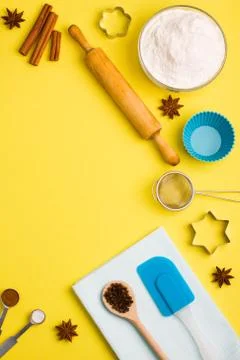 Baking background flour spices and kitchen tools Stock Photos