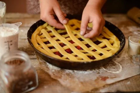 Baking background with ingredients for fruit and chocolate cake in rustic kit Stock Photos