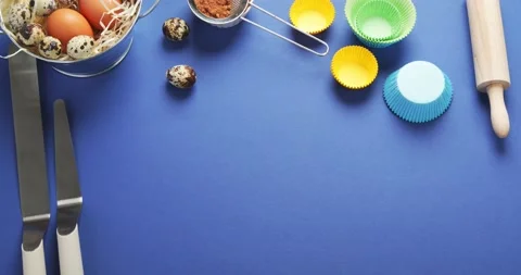 Baking  background. Ingredients, kitchen utensils for baking. Top view. Stop mot Stock Footage 186741544