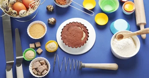 Baking  background. Ingredients, kitchen utensils for baking.  Stock Footage 188663821