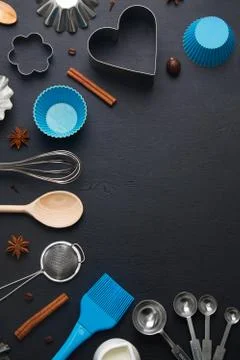 Baking background kitchen tools shape cookie cutters Stock Photos