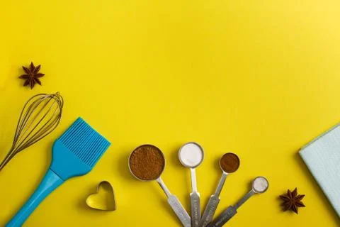 Baking background with spices and kitchen tools Stock Photos