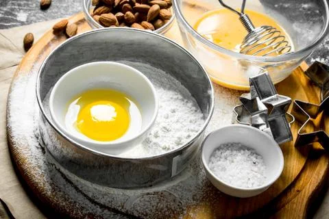 Baking background. Various ingredients for making cookies. Stock Photos