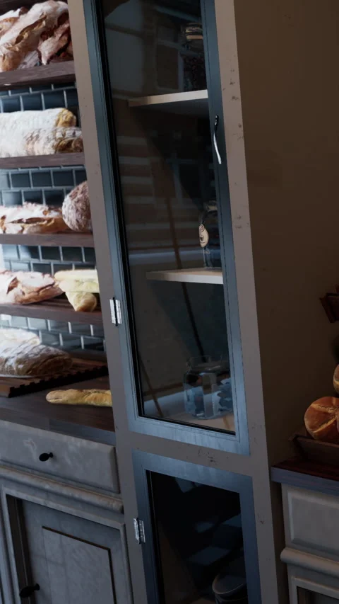 Baking bread and arranging products in a store at a local bakery Stock Footage 342187223