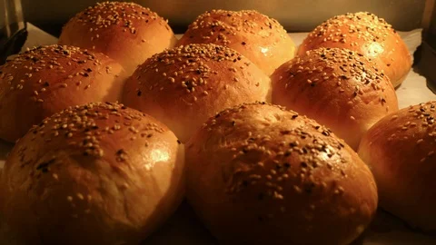 Baking Bread Buns in Oven Time-lapse Shot, Rising in Tray with Temperature. Stock Footage